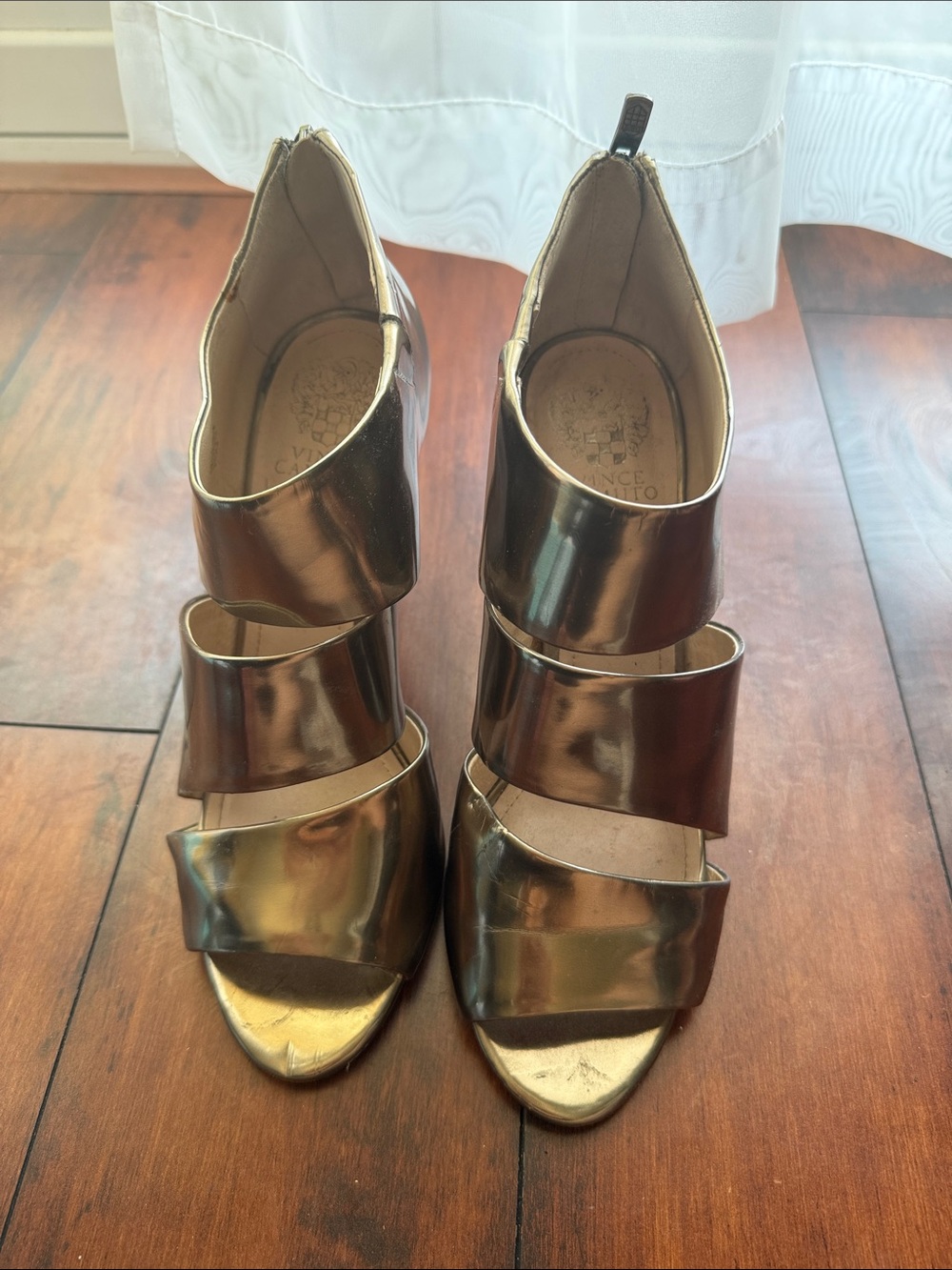 Vince Camuto Metallic Bronze Multi-Strap Block Heel Sandals